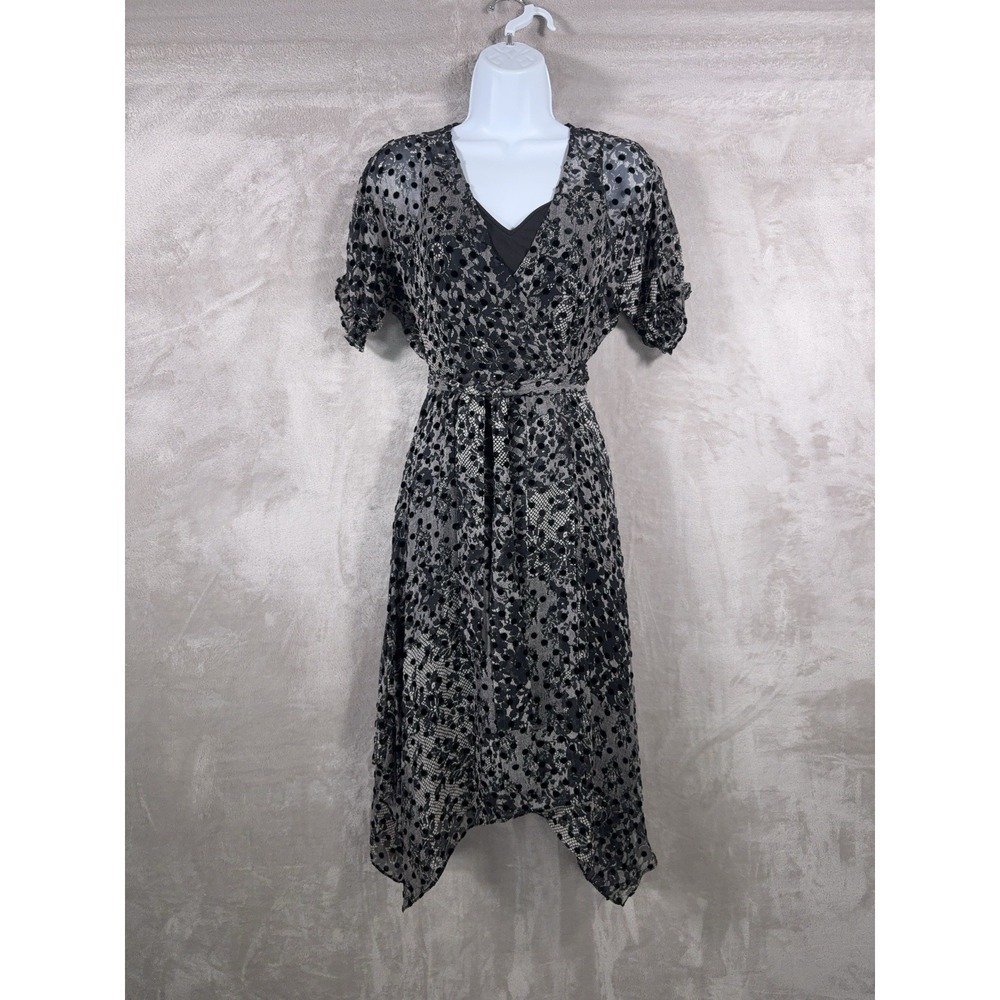 Diane Von Furstenberg Wrap Dress Robe Womens XS Black Floral Lace Print Belted